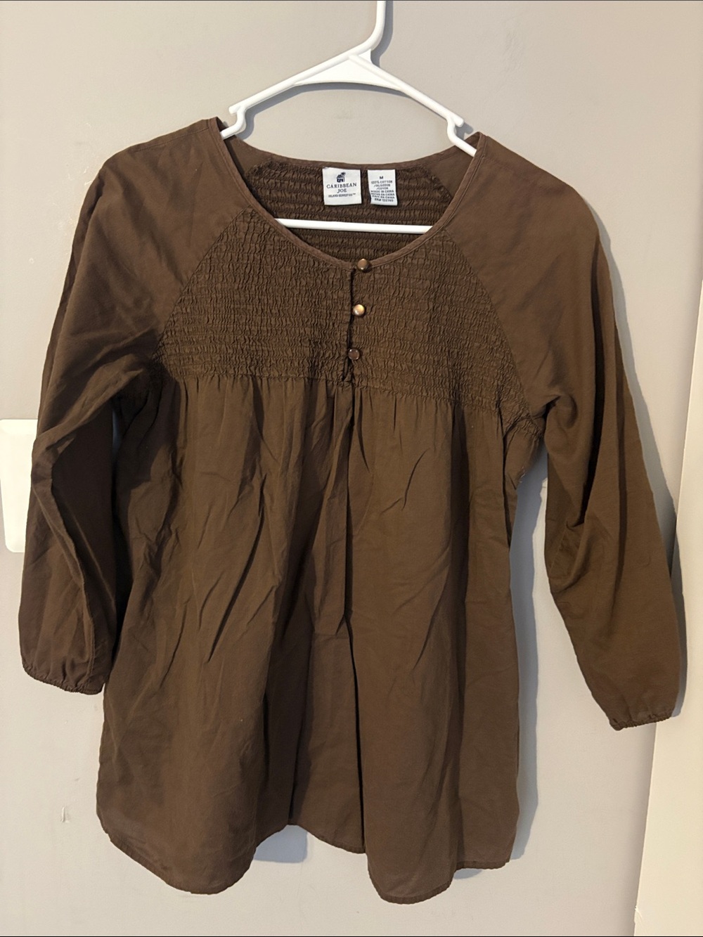 Caribbean Joe Brown Smocked Peasant Women’s Blouse Top Sz M